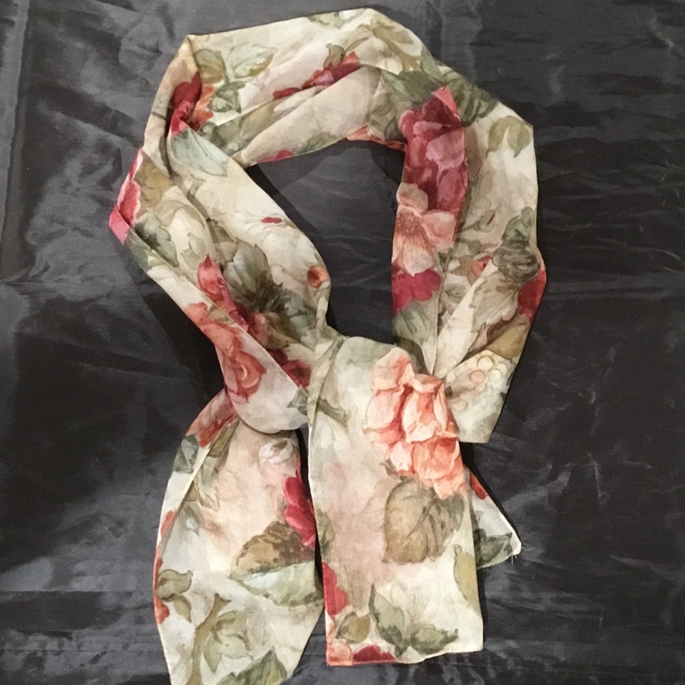 Floral Scarf with Red and Green Accents